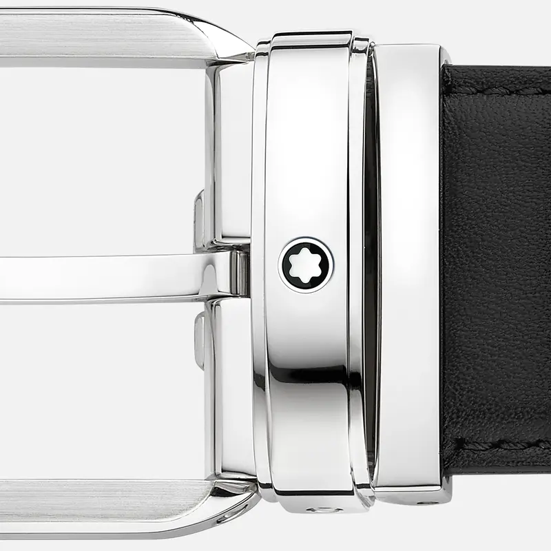 Montblanc-Montblanc Rectangular Stainless Steel & Black Leather Pin Buckle Belt 35mm 129455-129455_2