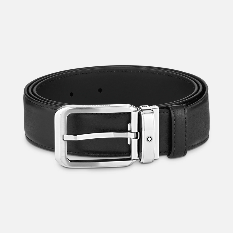 Montblanc -Montblanc Rectangular Stainless Steel & Black Leather Pin Buckle Belt 35mm 129455-129455_2